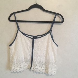 Charlotte Russe off-white lace and denim crop top